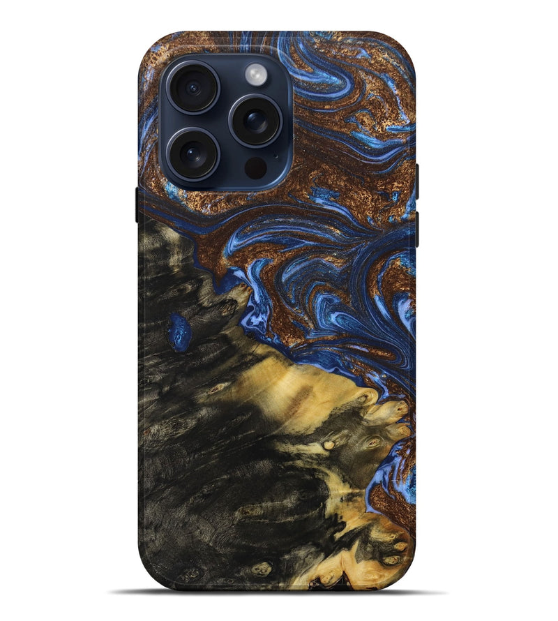 iPhone 15 Pro Max Wood+Resin Live Edge Phone Case - Corey (Teal & Gold, 659684)