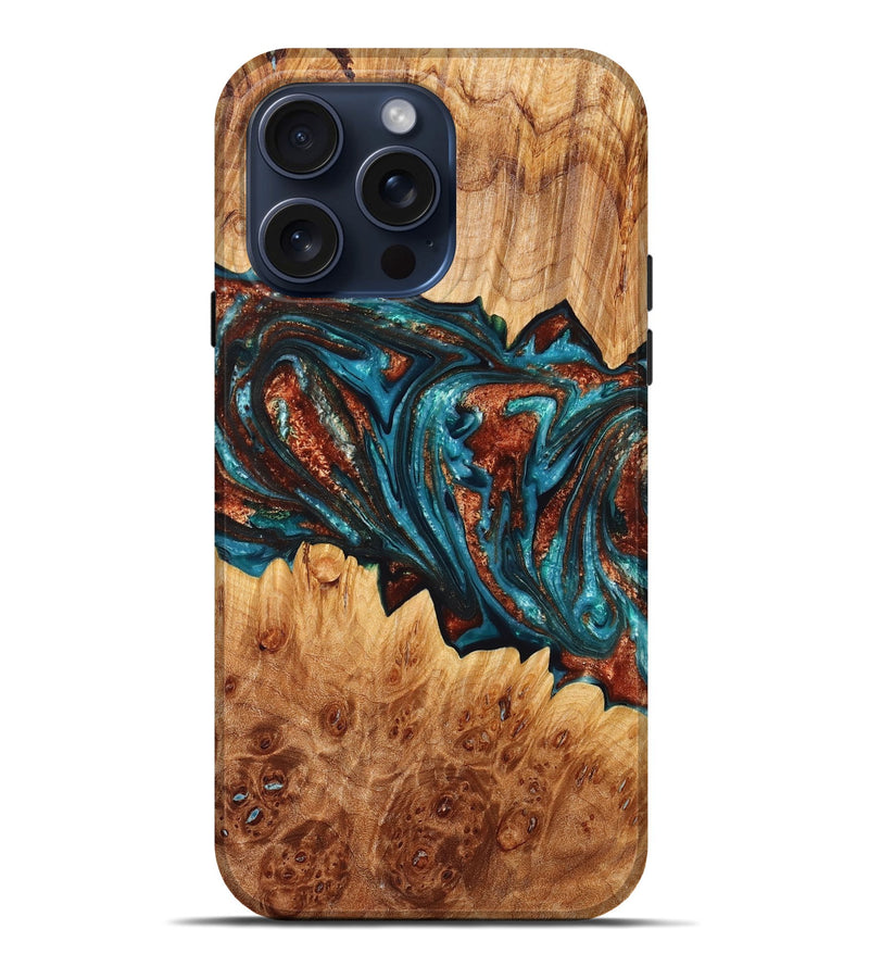 iPhone 15 Pro Max Wood+Resin Live Edge Phone Case - Bianca (Teal & Gold, 659685)