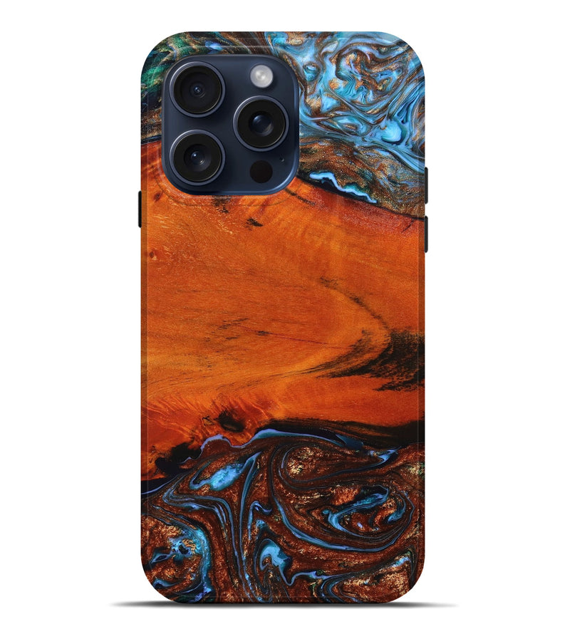 iPhone 15 Pro Max Wood+Resin Live Edge Phone Case - Natalie (Teal & Gold, 659686)
