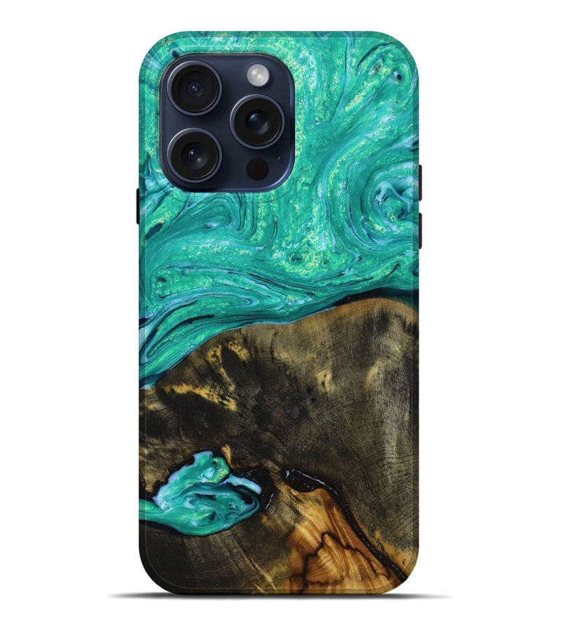 iPhone 15 Pro Max Wood+Resin Live Edge Phone Case - Jenna (Green, 659709)