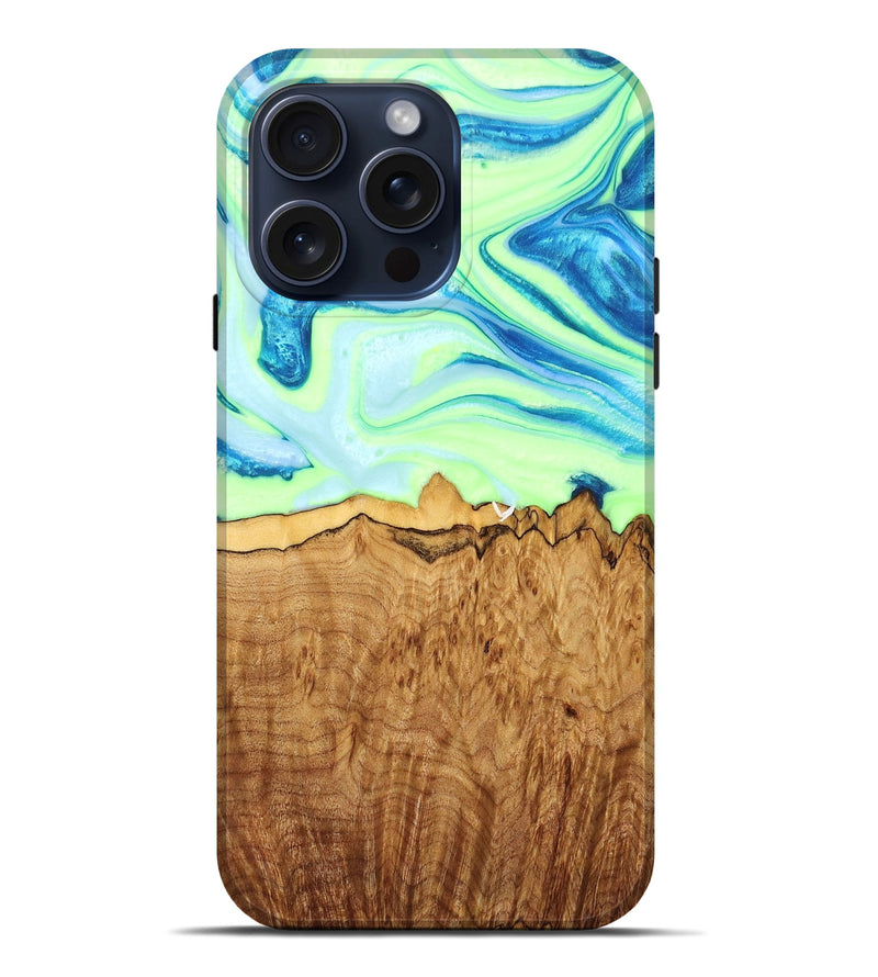 iPhone 15 Pro Max Wood+Resin Live Edge Phone Case - Dominique (Green, 659711)