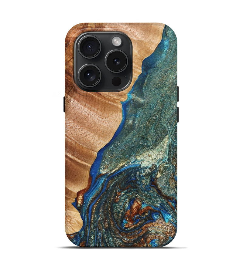 iPhone 15 Pro Wood+Resin Live Edge Phone Case - Francis (Teal & Gold, 659999)