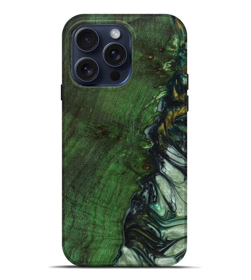iPhone 15 Pro Max Wood+Resin Live Edge Phone Case - Claudia (Green, 660004)
