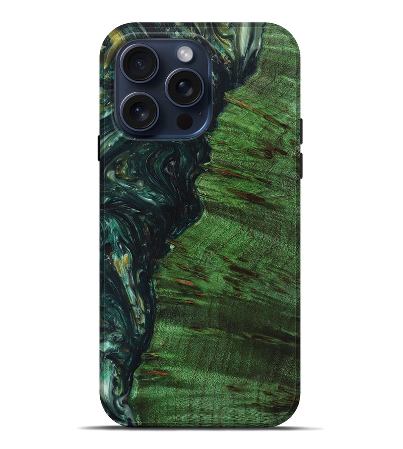 iPhone 15 Pro Max Wood+Resin Live Edge Phone Case - Bonnie (Green, 660009)