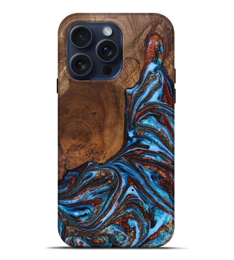 iPhone 15 Pro Max Wood+Resin Live Edge Phone Case - Alec (Teal & Gold, 660020)