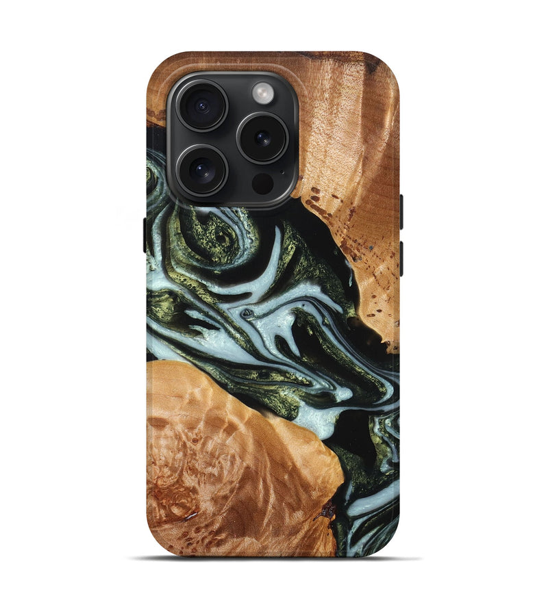 iPhone 15 Pro Wood+Resin Live Edge Phone Case - Darlene (Green, 660033)