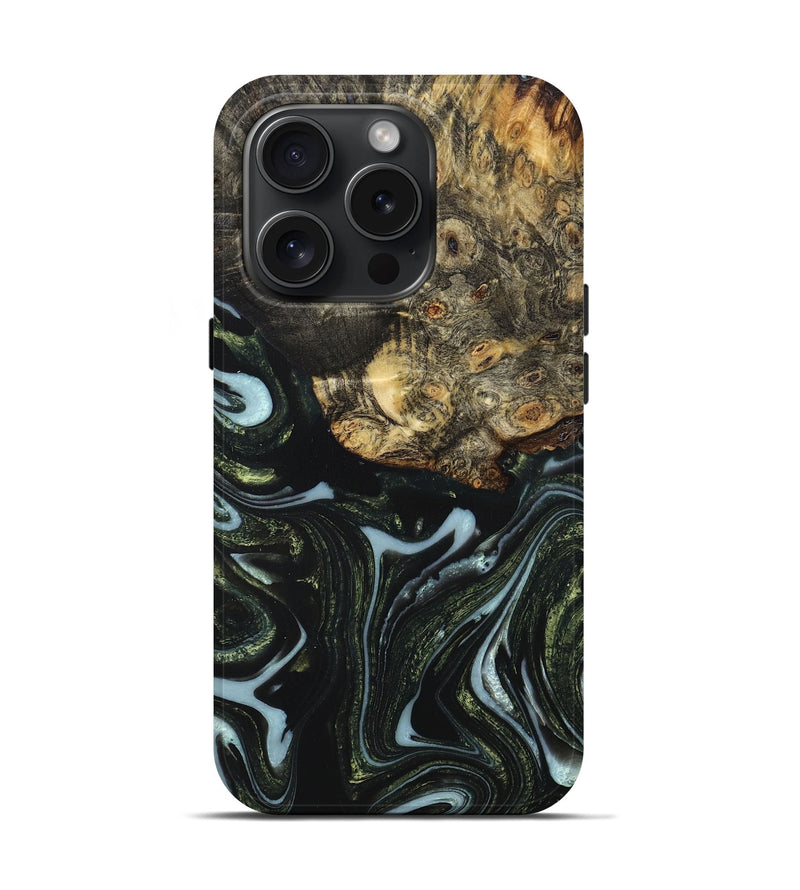 iPhone 15 Pro Wood+Resin Live Edge Phone Case - Cade (Green, 660034)