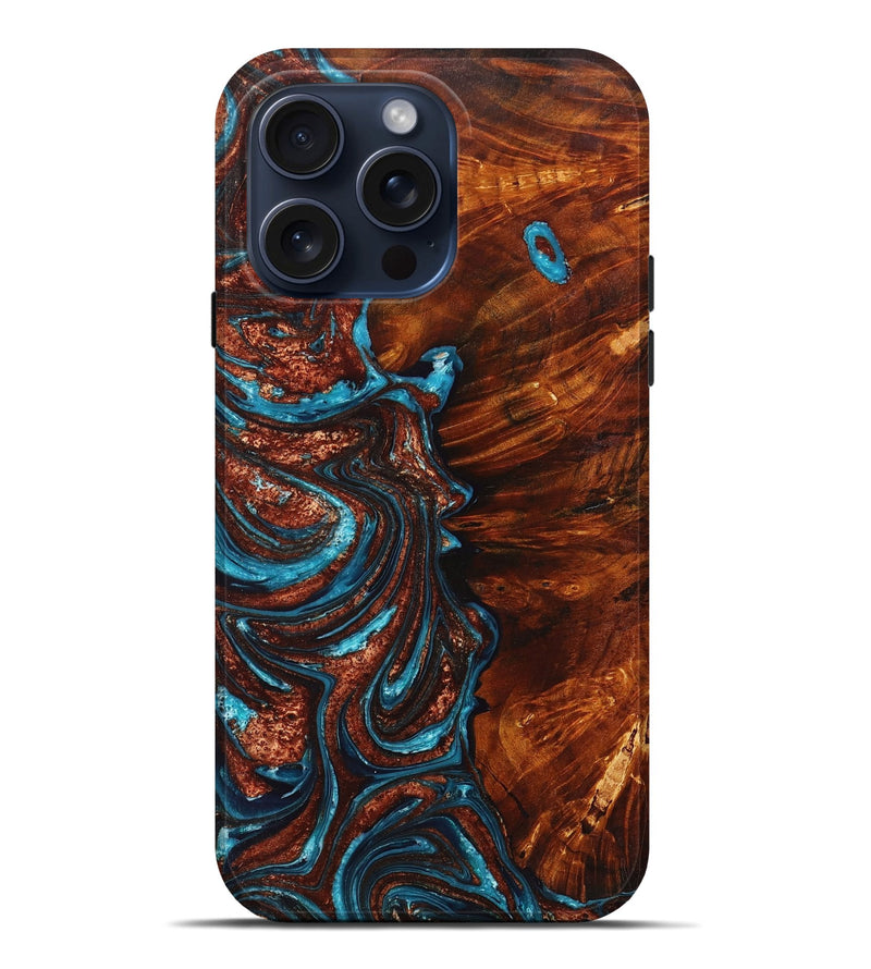 iPhone 15 Pro Max Wood+Resin Live Edge Phone Case - Lacey (Teal & Gold, 660054)