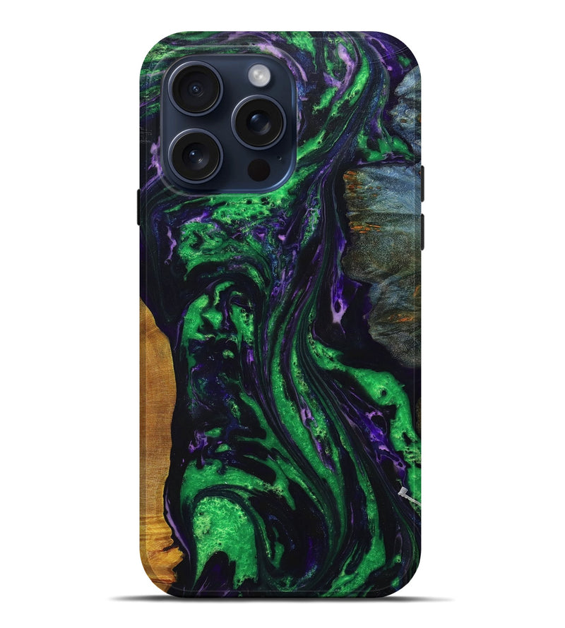 iPhone 15 Pro Max Wood+Resin Live Edge Phone Case - Brenda (Green, 660075)