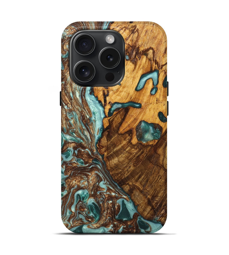 iPhone 15 Pro Wood+Resin Live Edge Phone Case - Heather (Teal & Gold, 660267)