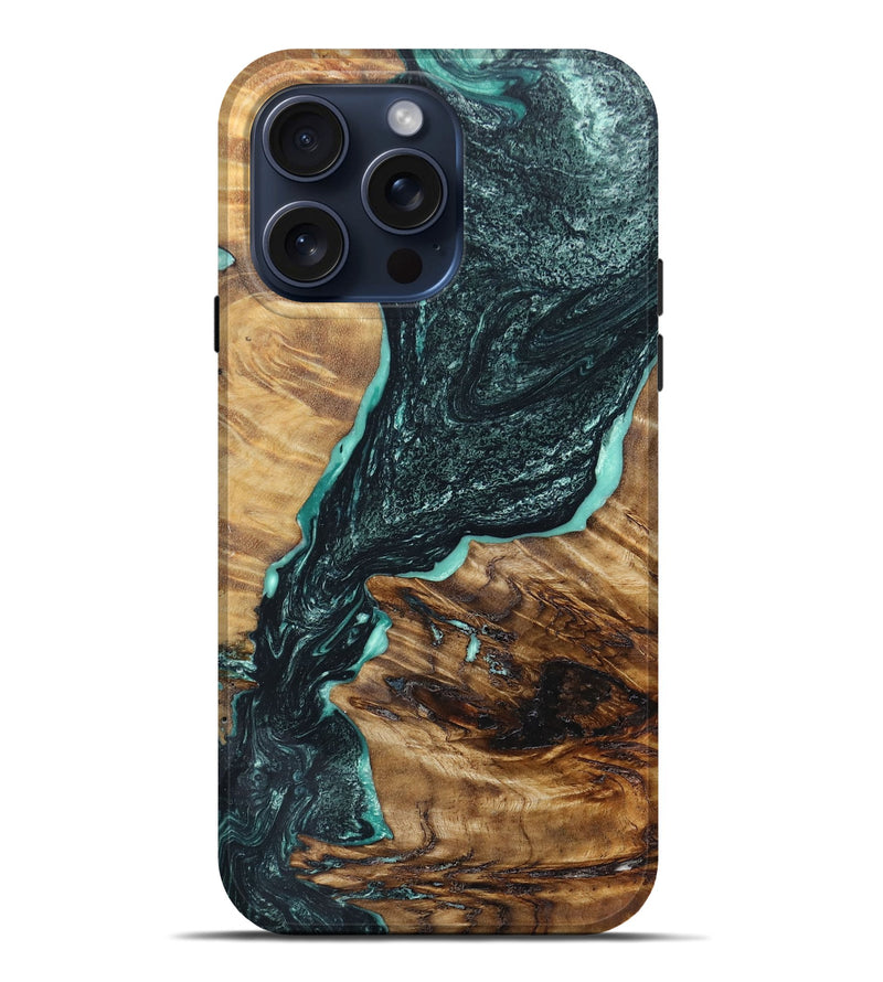 iPhone 15 Pro Max Wood+Resin Live Edge Phone Case - Kaitlyn (Green, 660283)