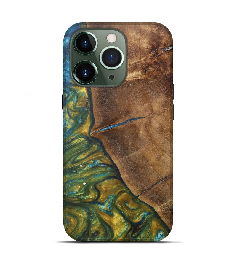 iPhone 13 Pro Wood+Resin Live Edge Phone Case - Winter (Teal & Gold, 660358)