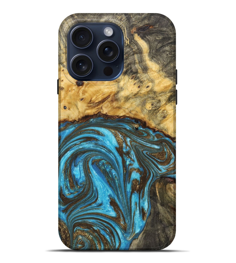 iPhone 15 Pro Max Wood+Resin Live Edge Phone Case - Ariyah (Teal & Gold, 660742)