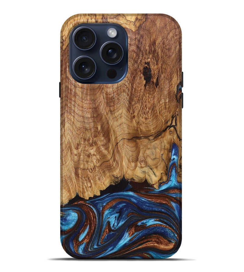 iPhone 15 Pro Max Wood+Resin Live Edge Phone Case - Tracy (Teal & Gold, 660750)