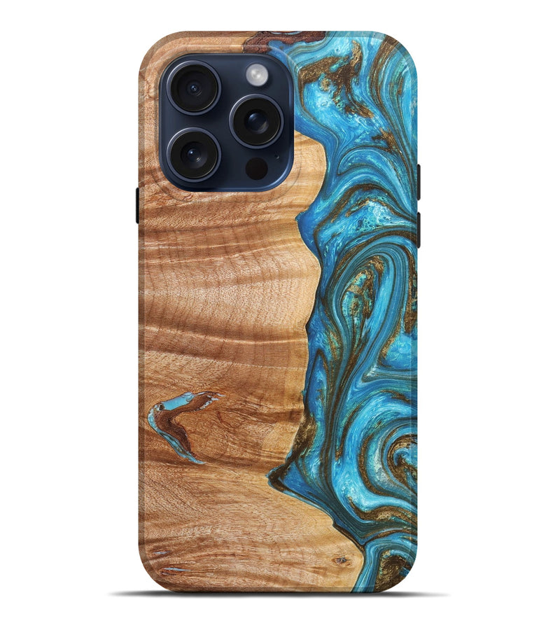 iPhone 15 Pro Max Wood+Resin Live Edge Phone Case - Greg (Teal & Gold, 660752)