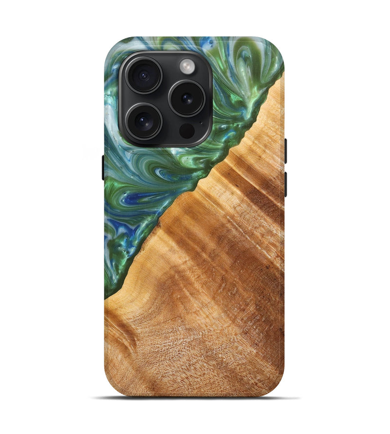 iPhone 15 Pro Wood+Resin Live Edge Phone Case - Halle (Green, 660770)