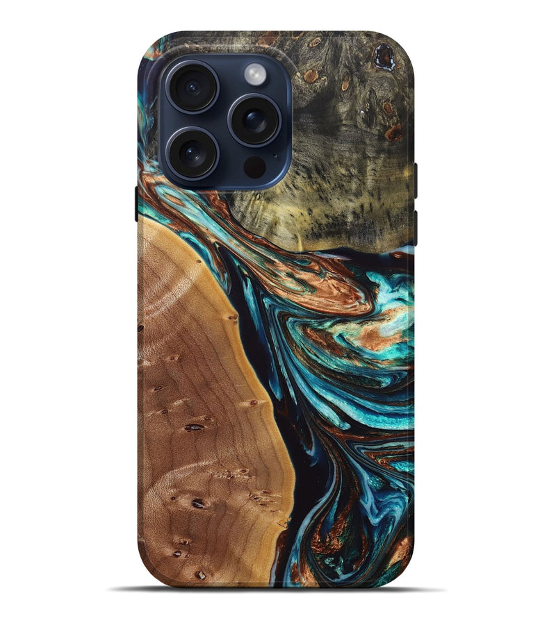 iPhone 15 Pro Max Wood+Resin Live Edge Phone Case - Aiden (Green, 661002)
