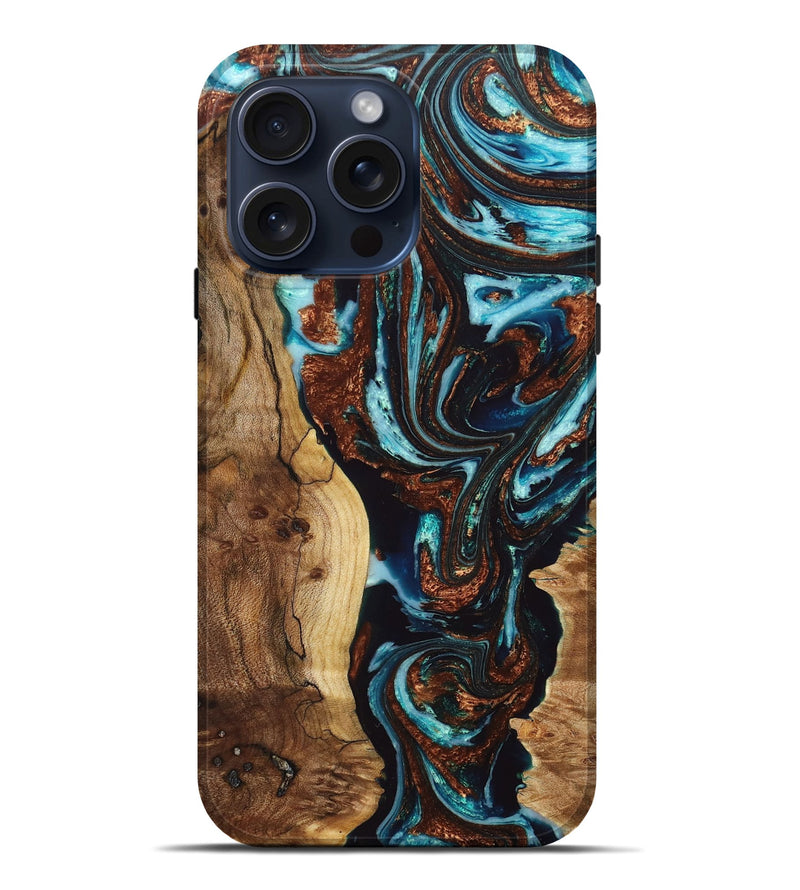 iPhone 15 Pro Max Wood+Resin Live Edge Phone Case - June (Teal & Gold, 661003)