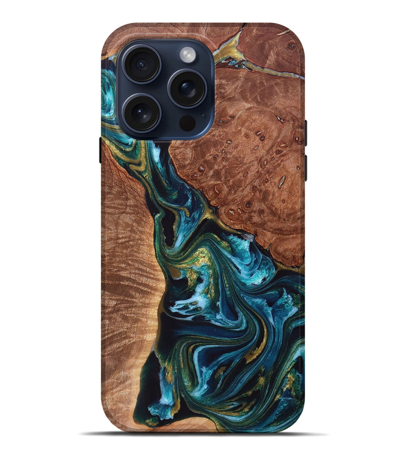 iPhone 15 Pro Max Wood+Resin Live Edge Phone Case - Laurel (Teal & Gold, 661005)