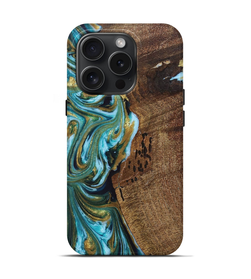 iPhone 15 Pro Wood+Resin Live Edge Phone Case - Jermaine (Teal & Gold, 661007)
