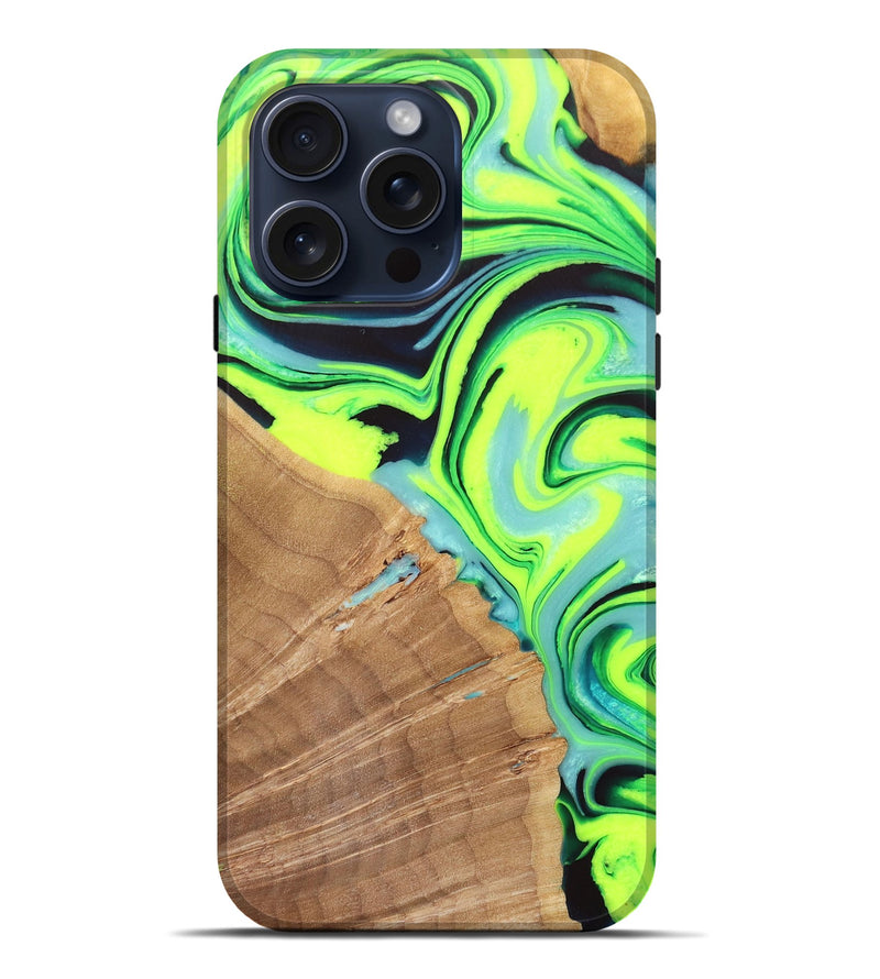 iPhone 15 Pro Max Wood+Resin Live Edge Phone Case - Genevieve (Green, 661009)