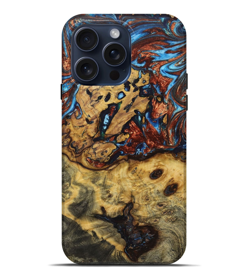 iPhone 15 Pro Max Wood+Resin Live Edge Phone Case - Brianne (Teal & Gold, 661341)