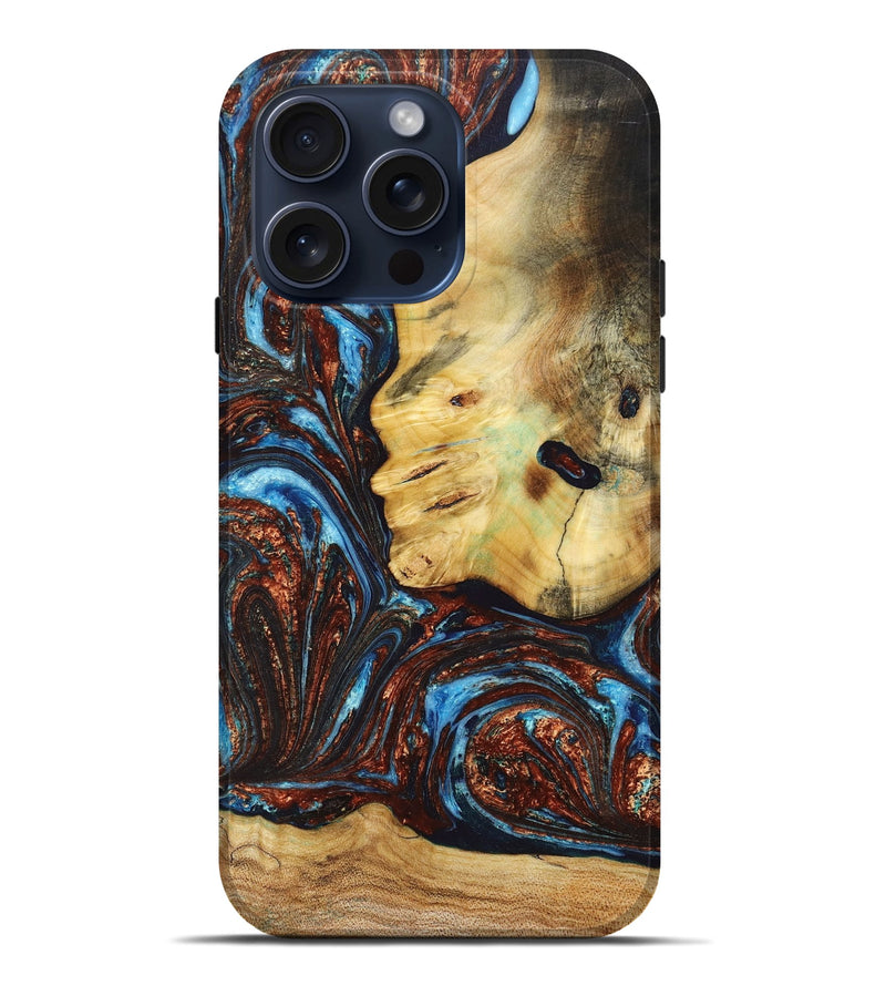 iPhone 15 Pro Max Wood+Resin Live Edge Phone Case - Jackie (Teal & Gold, 661342)