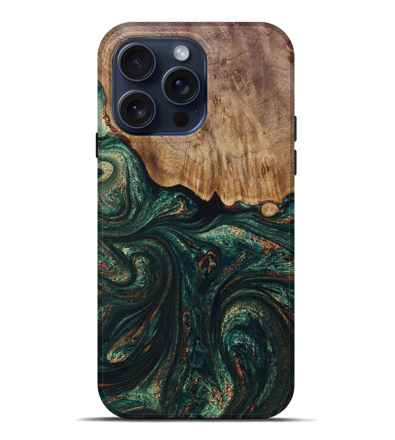 iPhone 15 Pro Max Wood+Resin Live Edge Phone Case - Shelia (Green, 661347)