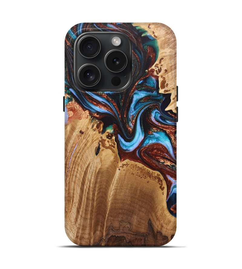 iPhone 15 Pro Wood+Resin Live Edge Phone Case - Leilani (Teal & Gold, 661366)