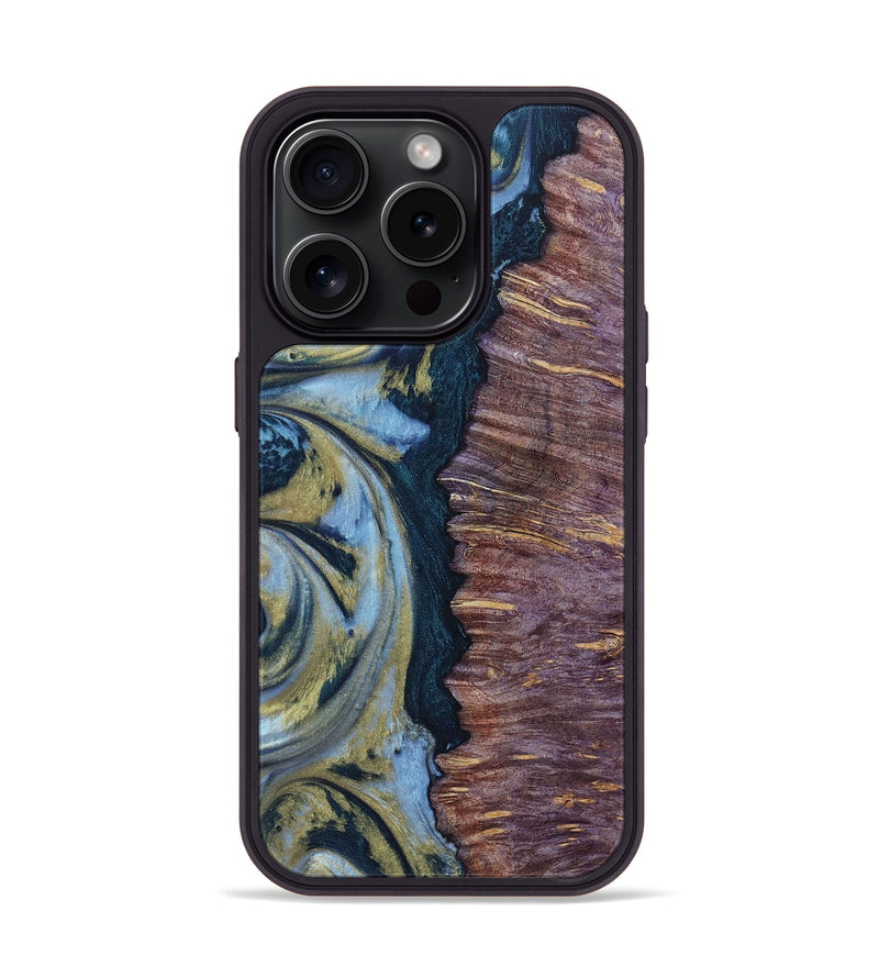 iPhone 15 Pro Wood+Resin Phone Case - Mary (Teal & Gold, 661654)