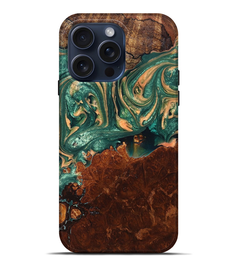 iPhone 15 Pro Max Wood+Resin Live Edge Phone Case - Paisley (Green, 662153)