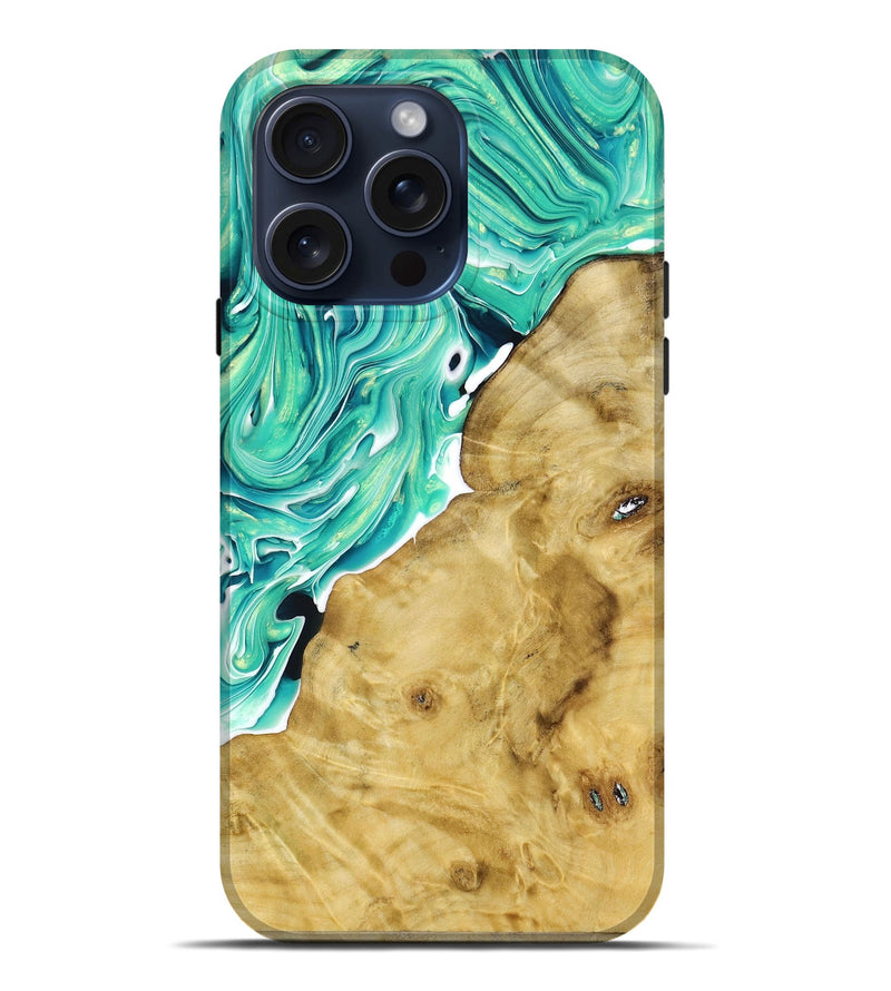 iPhone 15 Pro Max Wood+Resin Live Edge Phone Case - Kai (Green, 662154)