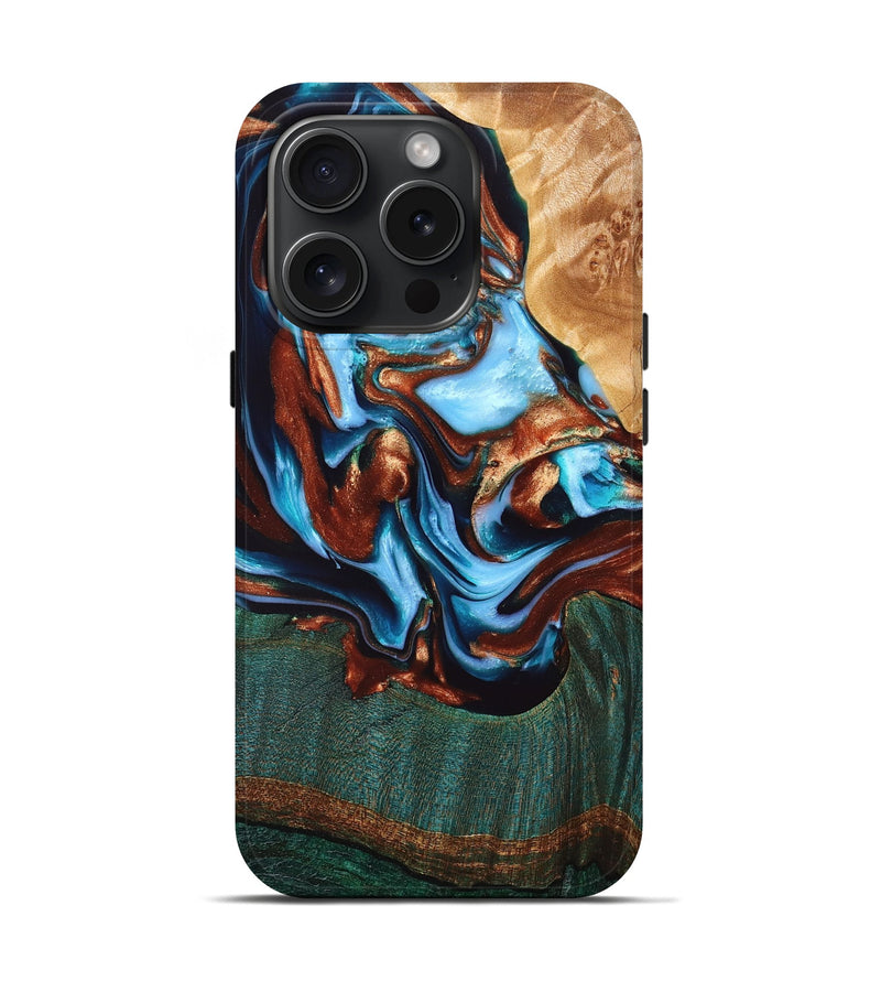 iPhone 15 Pro Wood+Resin Live Edge Phone Case - Lance (Teal & Gold, 662159)