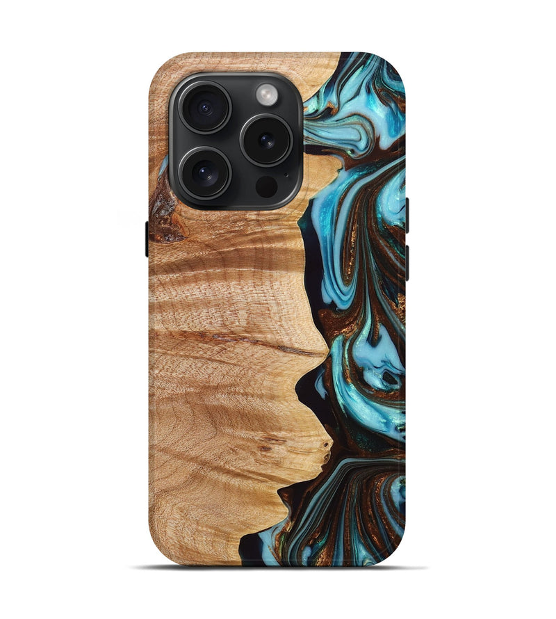iPhone 15 Pro Wood+Resin Live Edge Phone Case - Kenzie (Teal & Gold, 662166)