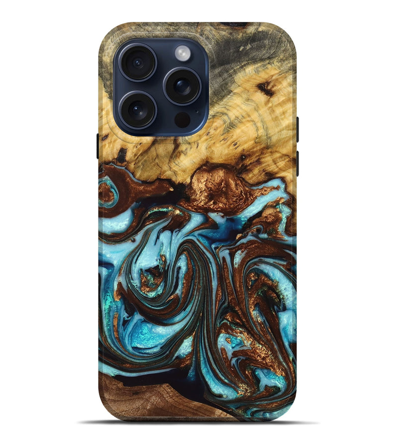 iPhone 15 Pro Max Wood+Resin Live Edge Phone Case - Donovan (Teal & Gold, 662168)