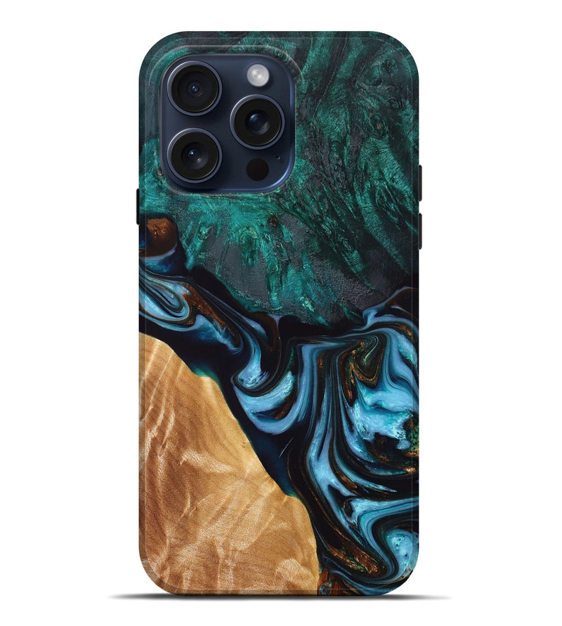 iPhone 15 Pro Max Wood+Resin Live Edge Phone Case - Sally (Teal & Gold, 662262)