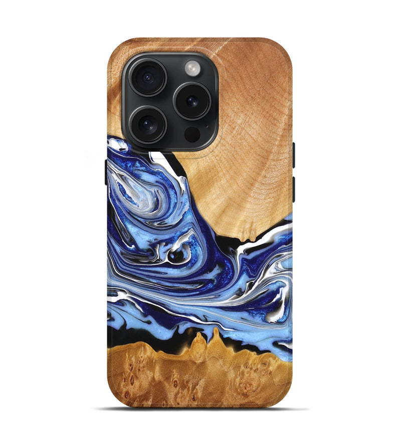 iPhone 15 Pro Wood+Resin Live Edge Phone Case - Kaylie (Blue, 662264)