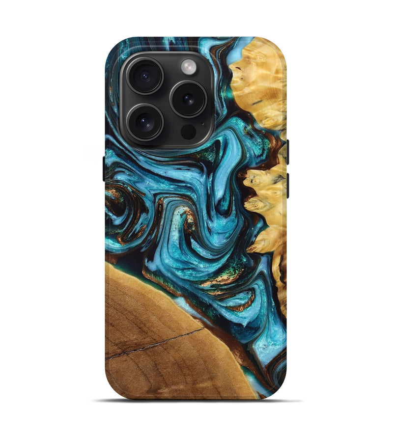 iPhone 15 Pro Wood+Resin Live Edge Phone Case - Martha (Teal & Gold, 662270)