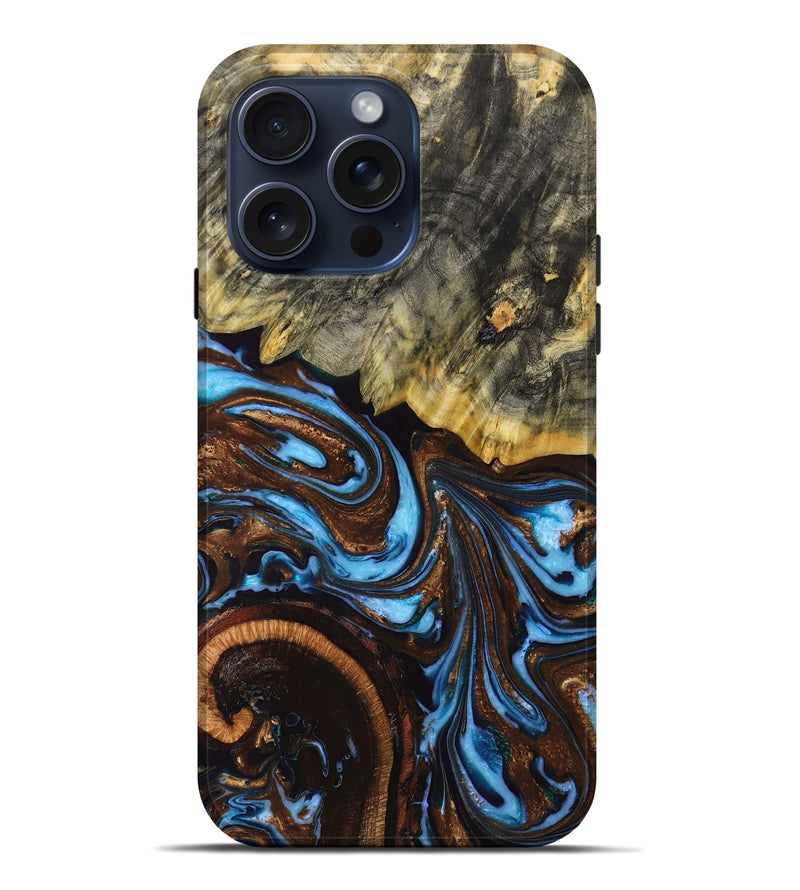 iPhone 15 Pro Max Wood+Resin Live Edge Phone Case - Elaina (Teal & Gold, 662271)