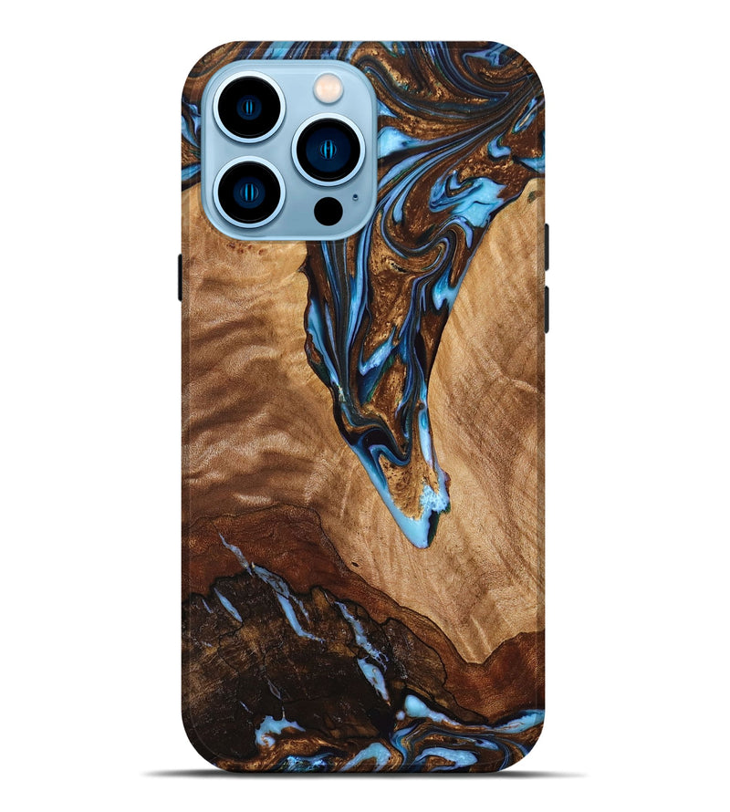 iPhone 14 Pro Max Wood+Resin Live Edge Phone Case - Alexus (Teal & Gold, 662272)