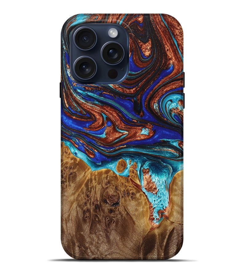 iPhone 15 Pro Max Wood+Resin Live Edge Phone Case - Adrian (Teal & Gold, 662273)