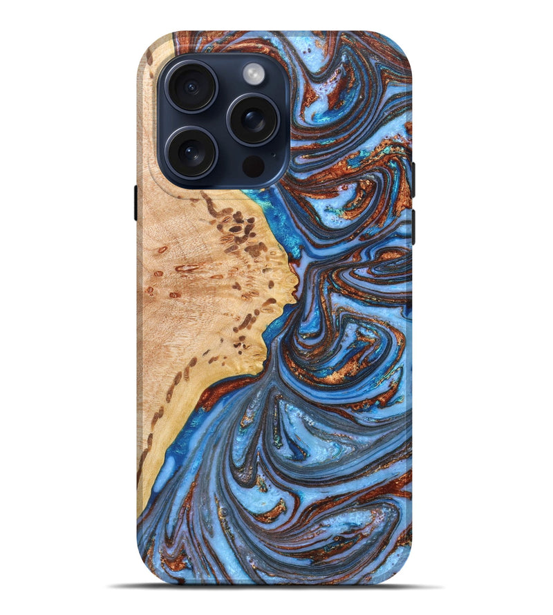 iPhone 15 Pro Max Wood+Resin Live Edge Phone Case - Philip (Teal & Gold, 662547)