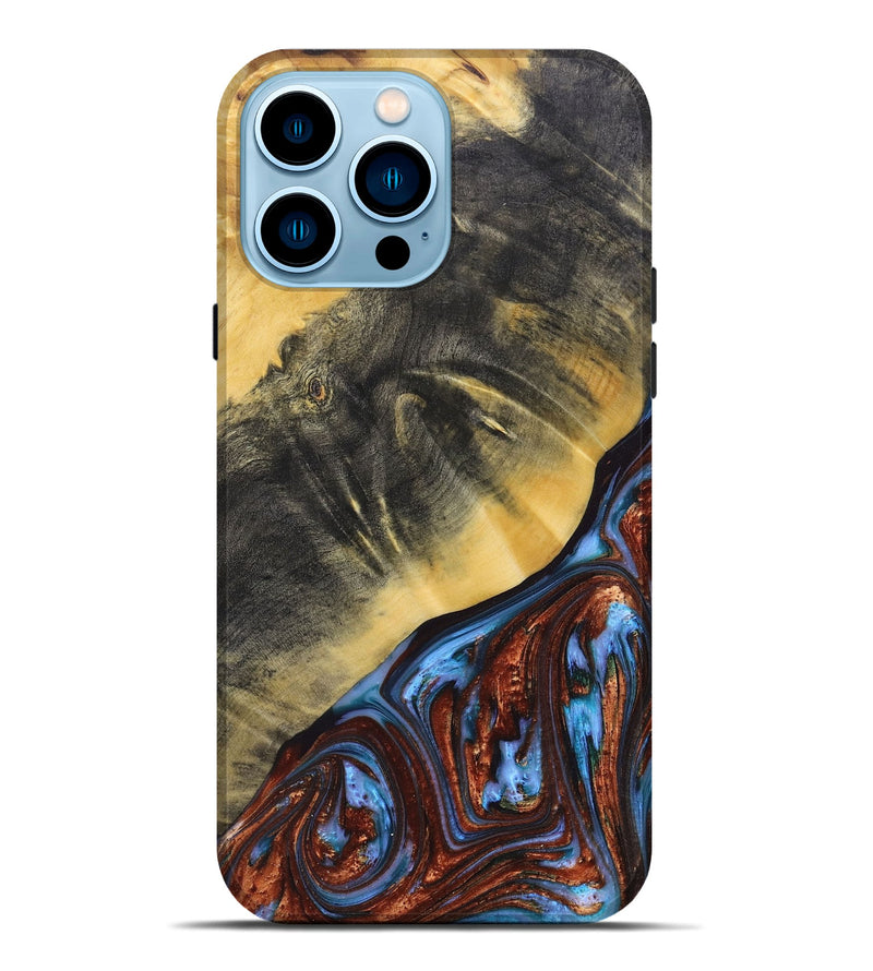 iPhone 14 Pro Max Wood+Resin Live Edge Phone Case - Kara (Teal & Gold, 662573)