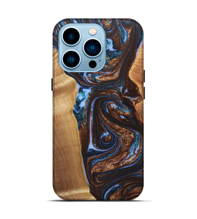 iPhone 14 Pro Wood+Resin Live Edge Phone Case - Tyler (Teal & Gold, 662579)