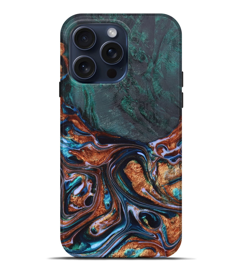 iPhone 15 Pro Max Wood+Resin Live Edge Phone Case - Harriet (Teal & Gold, 662588)
