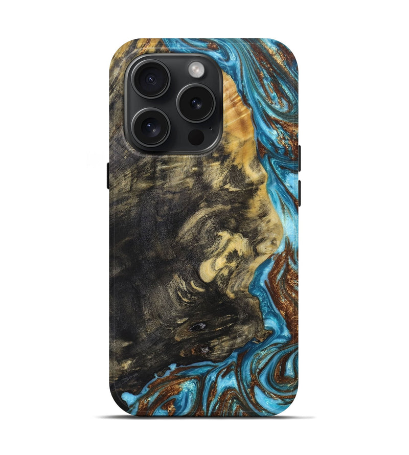 iPhone 15 Pro Wood+Resin Live Edge Phone Case - Shanice (Teal & Gold, 662589)