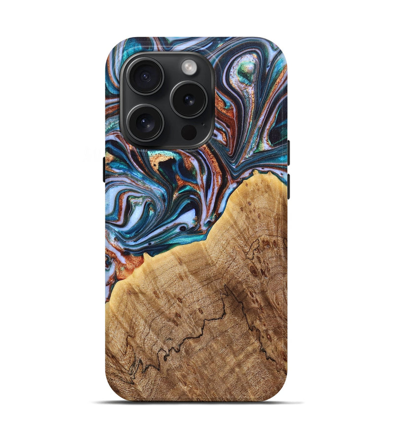 iPhone 15 Pro Wood+Resin Live Edge Phone Case - Sutton (Teal & Gold, 662590)