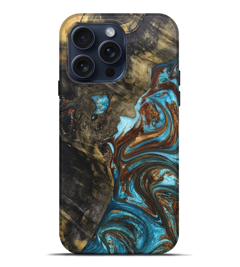 iPhone 15 Pro Max Wood+Resin Live Edge Phone Case - Nova (Teal & Gold, 662591)