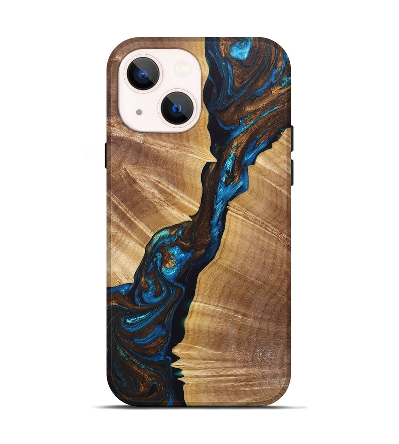 iPhone 14 Wood+Resin Live Edge Phone Case - Khloe (Teal & Gold, 662592)