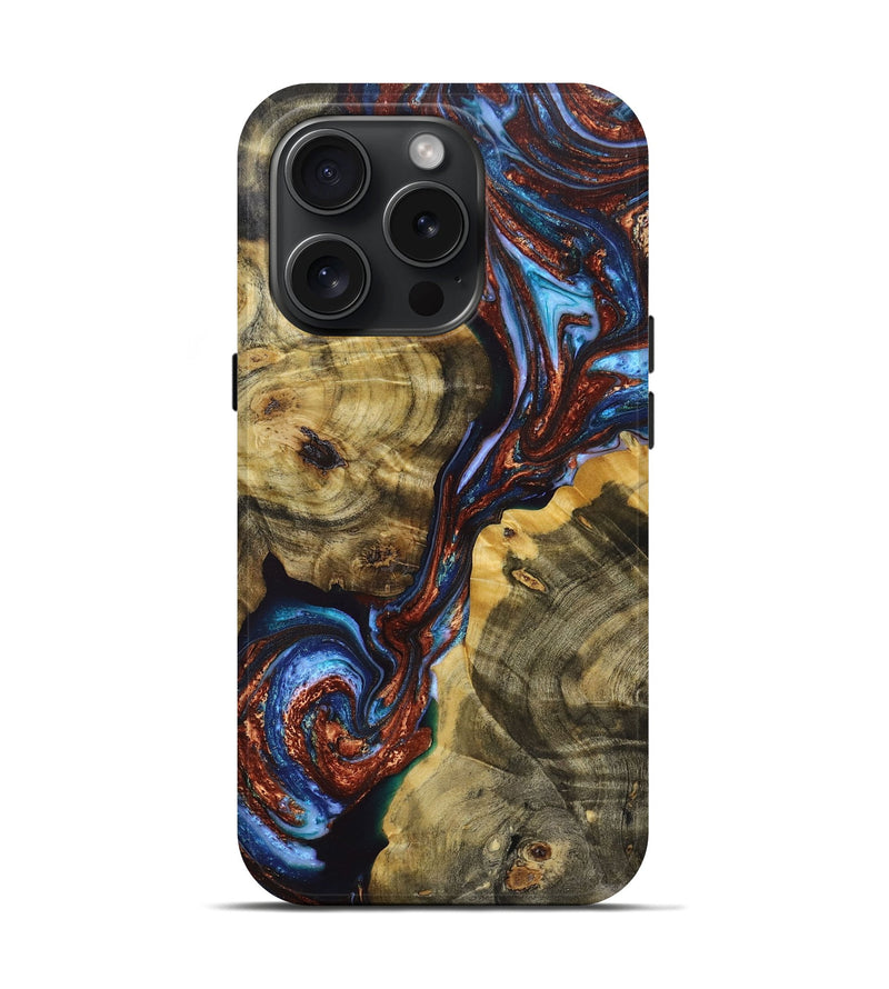 iPhone 15 Pro Wood+Resin Live Edge Phone Case - Victoria (Teal & Gold, 662599)